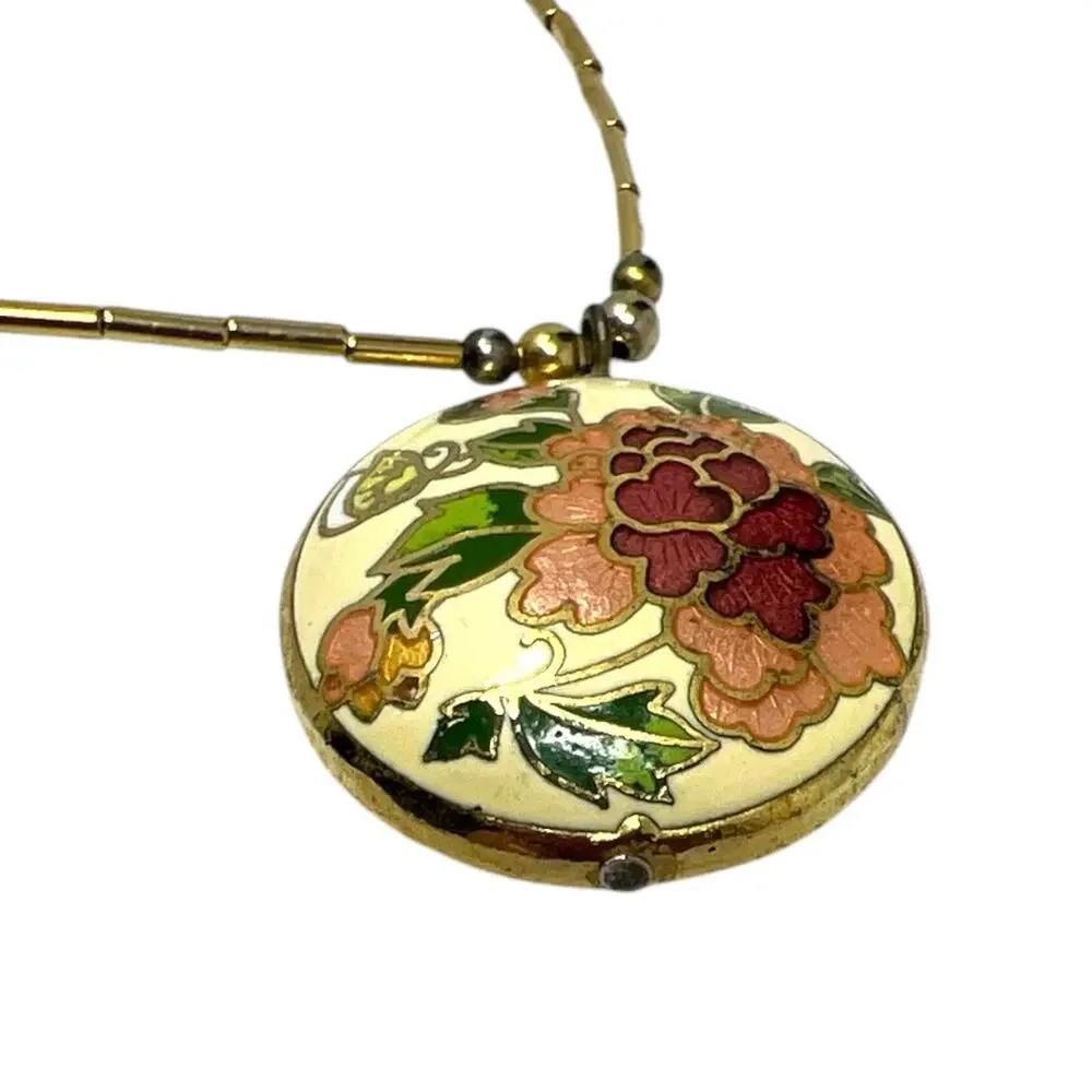 1970s Vintage Chinese Cloisonne Brass Peony Floral Pendant Necklace 18”